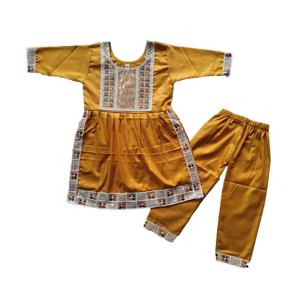 Baby Girls Cotton Casual Kurta Pyjama Dresses-Golden Yellow